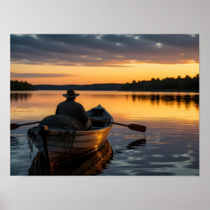 Fisherman in a wooden rowboat poster
