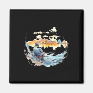 Fisherman In European Town Relaxing Fishing Art Gr Magnet