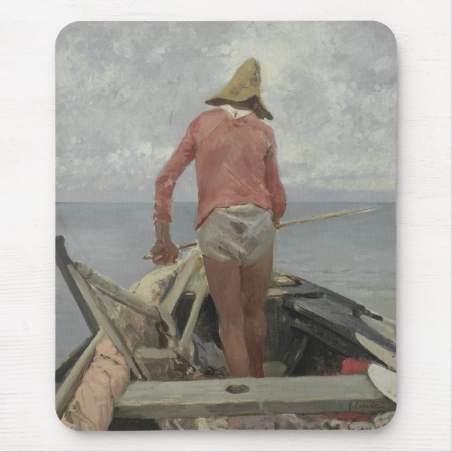 Fisherman in His Boat (by Vincenzo Caprile) Mouse Pad (Front)