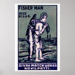 Fisherman Matchbox Art Print, Indian Vintage Folk Poster