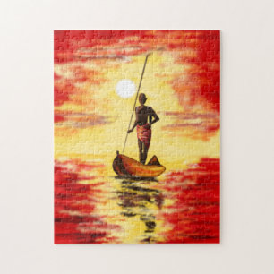 Fisherman On The Boat At Sunset Puzzle Painting