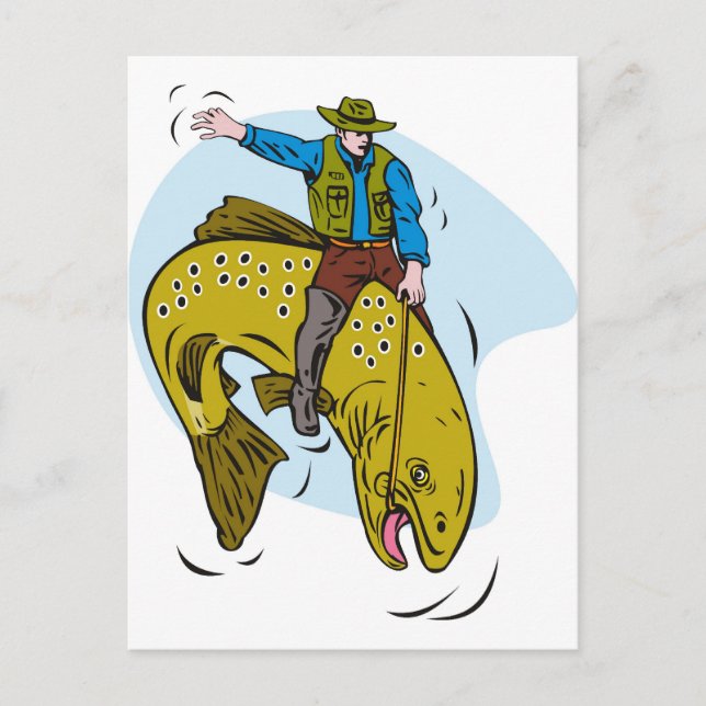 fisherman riding trout postcard (Front)