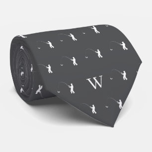 Fisherman Tackle Bait Monogram Initial Grey Tie