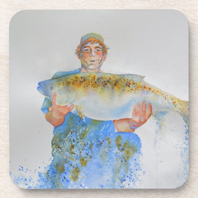 Fisherman watercolor painting fishing gift for him coaster (Front)