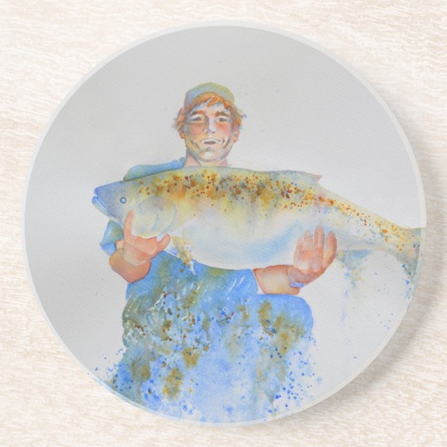 Fisherman watercolor painting fishing gift for him coaster (Front)
