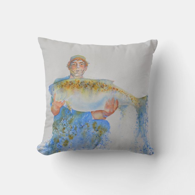 Fisherman watercolor painting fishing gift for him cushion (Front)