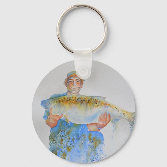 Fisherman watercolor painting fishing gift for him key ring (Front)