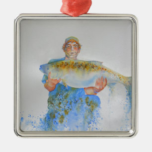Fisherman watercolor painting fishing gift for him metal tree decoration