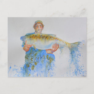 Fisherman watercolor painting fishing gift for him postcard