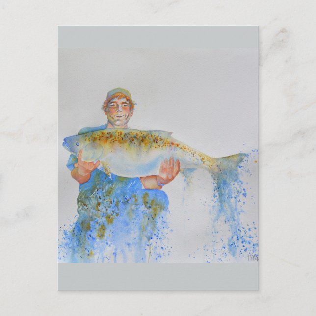 Fisherman watercolor painting fishing gift for him postcard (Front)