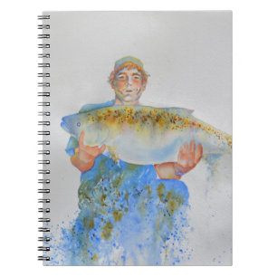 Fisherman watercolor painting fishing gift for him spiral notebook