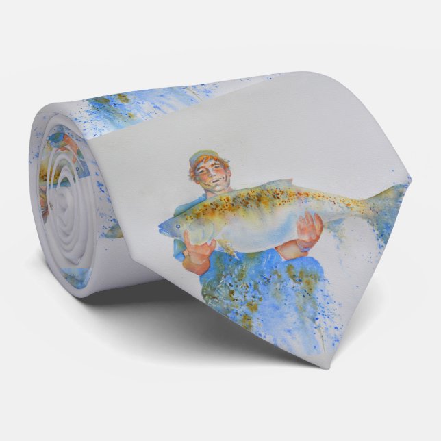 Fisherman watercolor painting fishing gift for him tie (Rolled)