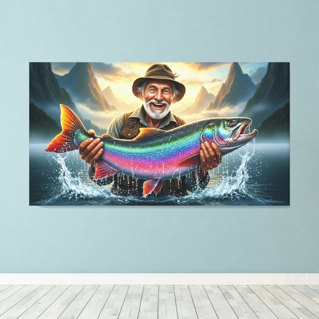 Fisherman's Big Fish Catch Fishing Canvas Print (Insitu(Wood Floor))