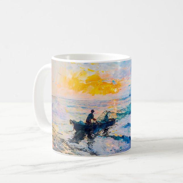 Fishermen at Sunset  Impressionist Coastal Scene Coffee Mug (Front Left)