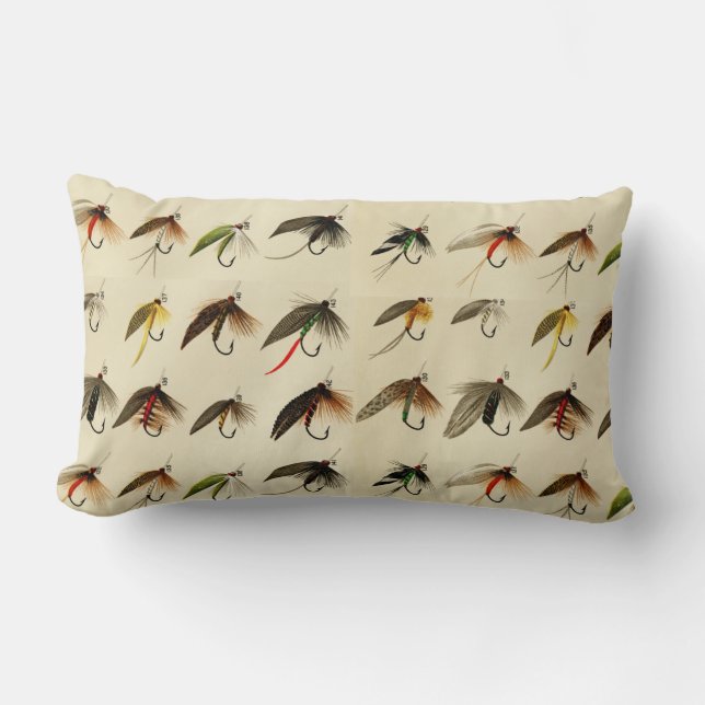 Fishermen Fly Fishing Trout Flies Watercolor Throw Lumbar Cushion (Front)