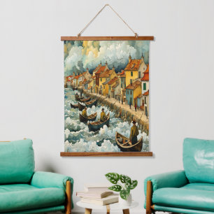 Fishermen on Boats in Stormy Sea Van Gogh Style Hanging Tapestry