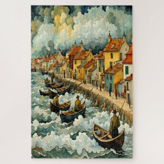 Fishermen on Boats in Stormy Sea Van Gogh Style Jigsaw Puzzle