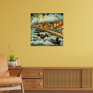 Fishermen on Boats in Stormy Sea Van Gogh Style Poster