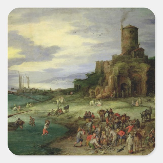 Fishermen on the Shore Square Sticker (Front)