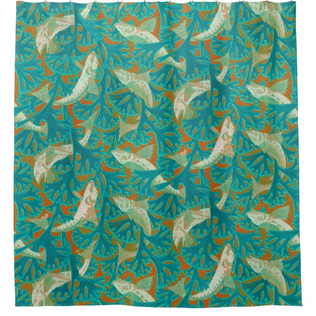 FISHES AND ALGAES BLUE YELLOW Art Nouveau Pattern Shower Curtain (Front)