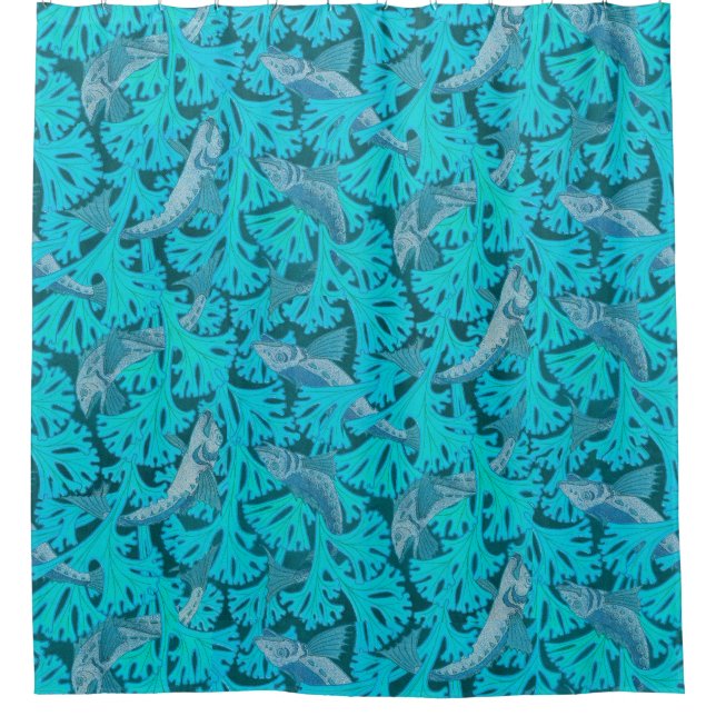 FISHES AND ALGAES IN AQUA BLUE Art Nouveau Pattern Shower Curtain (Front)