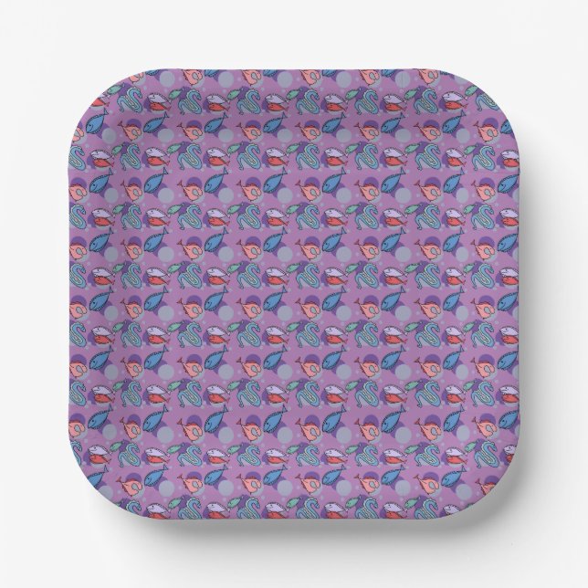 Fishes and eel. Purple background. Paper Plate (Front)