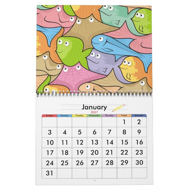 Fishes cartoon calendar (Jan 2027)