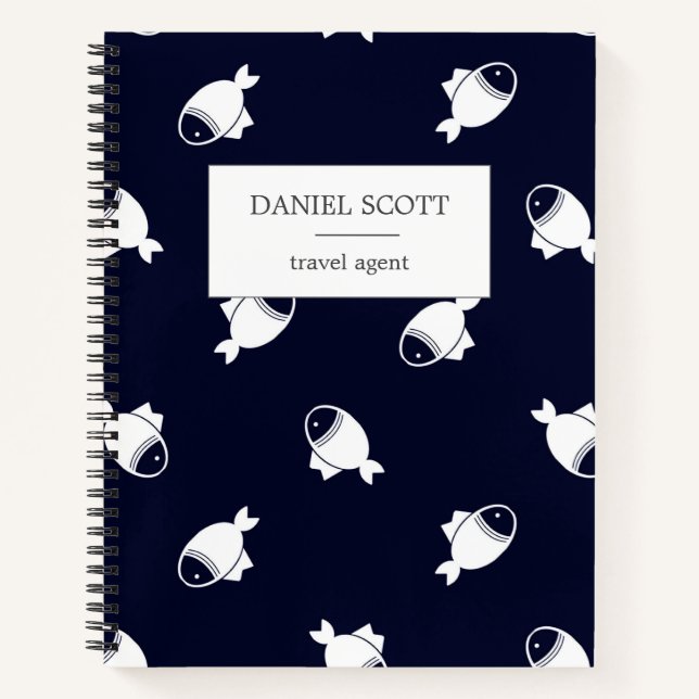 Fishes white silhouette pattern blue notebook (Front)