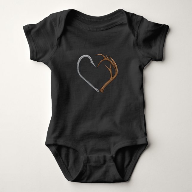 Fishhook Elk Antler Heart Hunting Love Baby Bodysuit (Front)