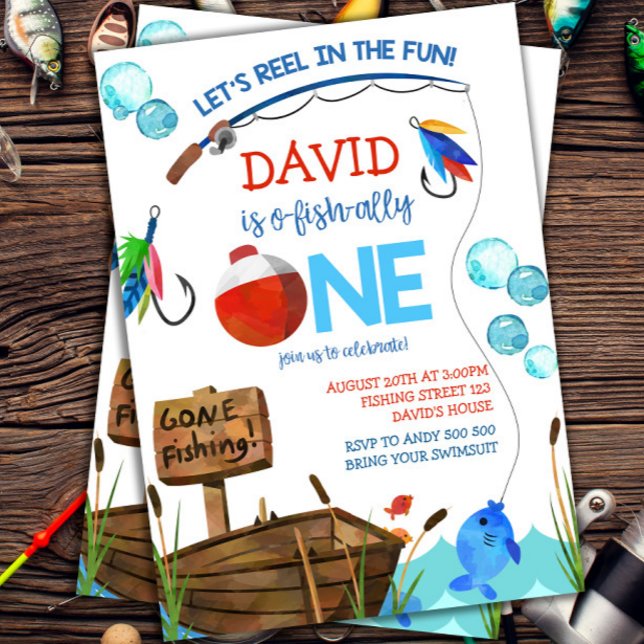 Fishing 1st Birthday Boy O-fish-ally Invitation (1st Birthday Ofishally ONE Fishing themed)