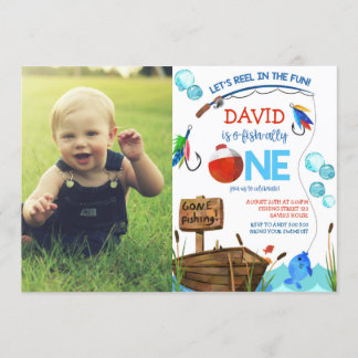 Fishing 1st Birthday Boy O-fish-ally Photo Picture Invitation