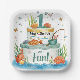 Fishing 1st Birthday Party with Cake Design Paper Plate