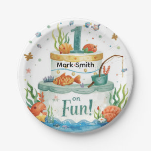 Fishing 1st Birthday Party with Cake Design Paper Plate