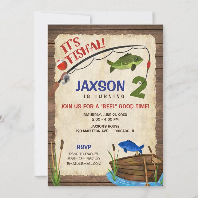 Fishing 2nd birthday boy rustic outdoors invitation (Front)