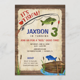 Fishing 3rd birthday boy rustic outdoors invitation