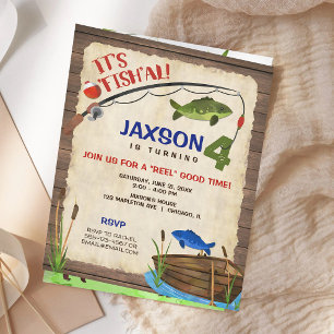 Fishing 4th Birthday Boy Rustic Invitation