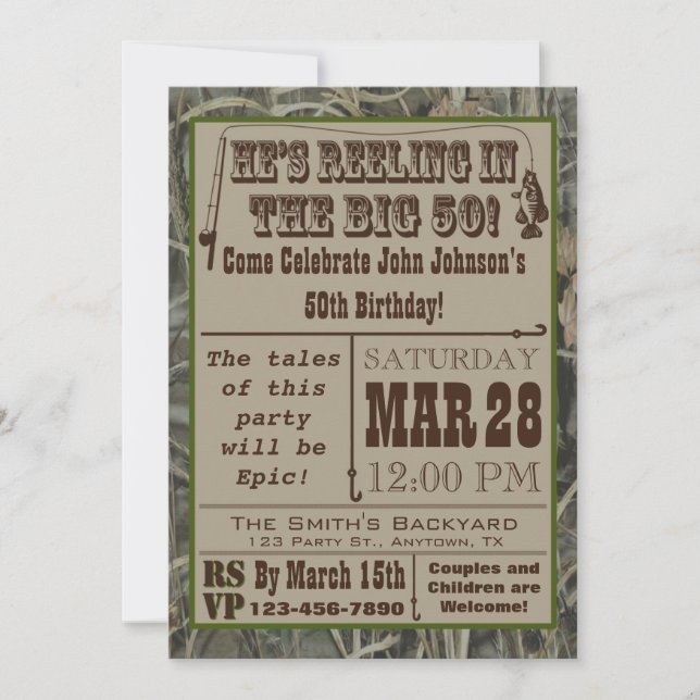 Fishing 50th Birthday Invitation with Camo (Front)