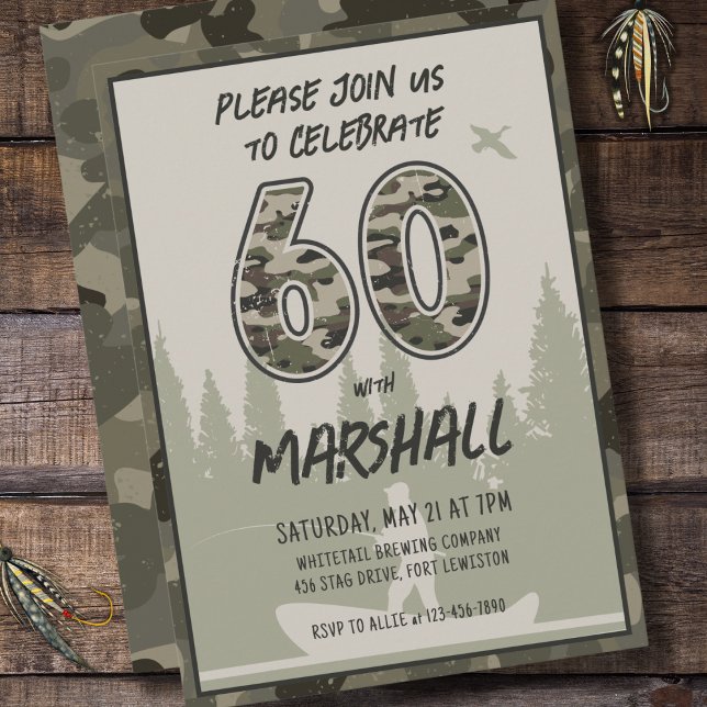 Fishing 60th Birthday Camouflage Woodland Forest Invitation (Creator Uploaded)