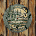 Fishing American Flag Custom Family Name Est Date  Dartboard<br><div class="desc">Rustic forest green American flag and fishing dartboard with custom family name and established date. Easy to add your own text. Dart board makes a great gift for the fisherman in your life. Green and beige colour scheme. Perfect for a man cave or game room.</div>