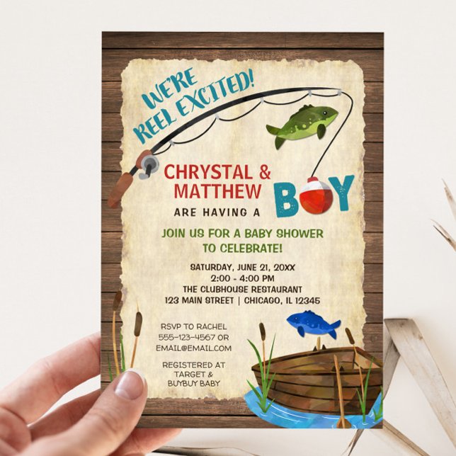 Fishing baby shower, boy rustic Reel excited Invitation (Creator Uploaded)