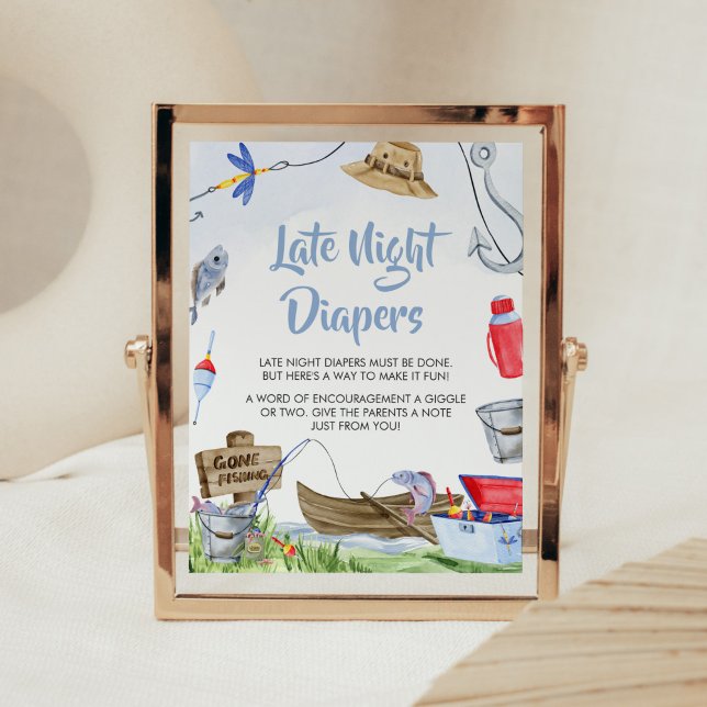 Fishing Baby Shower Late Night Diapers Poster (Little Fisherman Baby Shower Late Night Diapers Sign)
