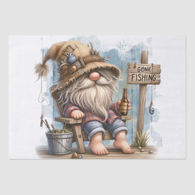Fishing Beer Drinking Gnome Tissue Paper (Front)