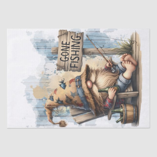 Fishing Beer Drinking Gnome Tissue Paper (Front)