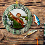 Fishing BIGGEST CATCH, Two Photo Ceramic Tree Decoration<br><div class="desc">Create a special keepsake ornament showcasing their biggest catch of the year! The text can be changed or deleted as desired. The background has a rugged, hand-painted watercolor design in shades of green, brown and black. The back side features a full-bleed photo. (PHOTO TIP: For fastest/best results, choose a photo...</div>