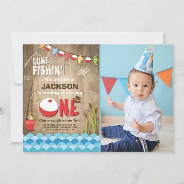 Fishing Birthday Invitation Wood Fishing party (Front)