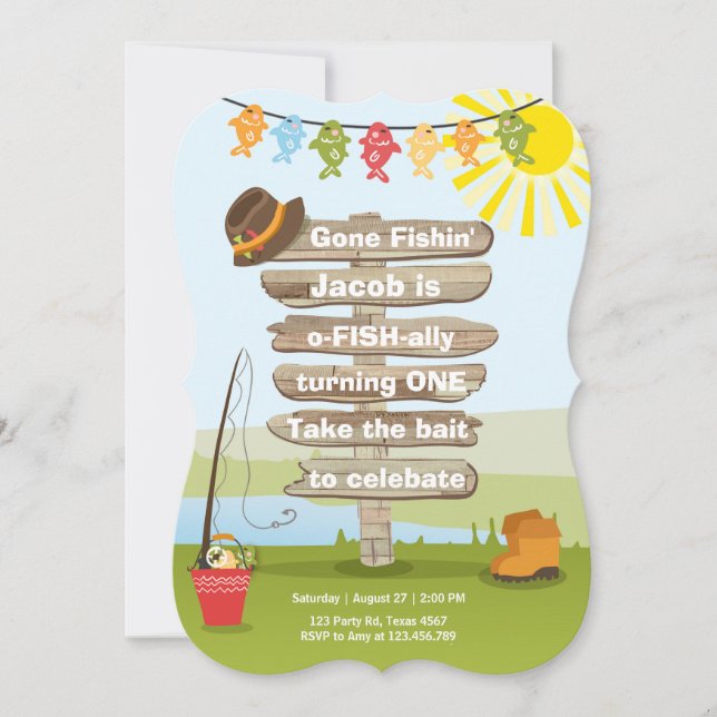 Fishing Birthday Invitation Wood Fishing party (Front)