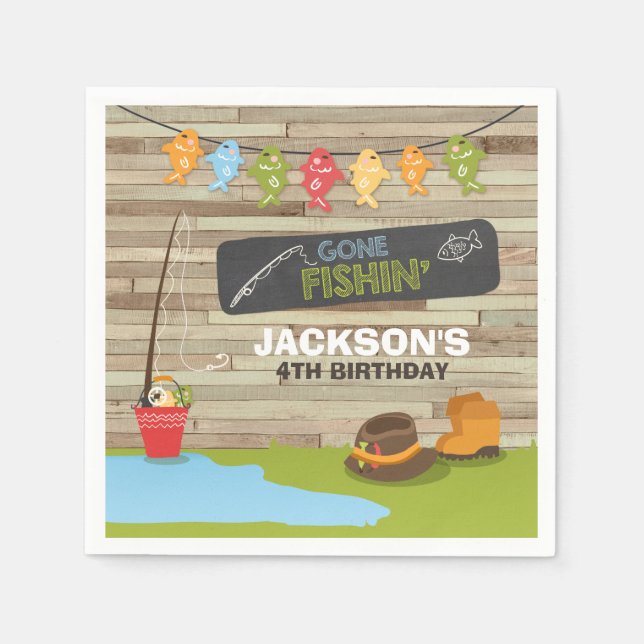 Fishing Birthday Paper Napkin Boy Wood Reeling (Front)
