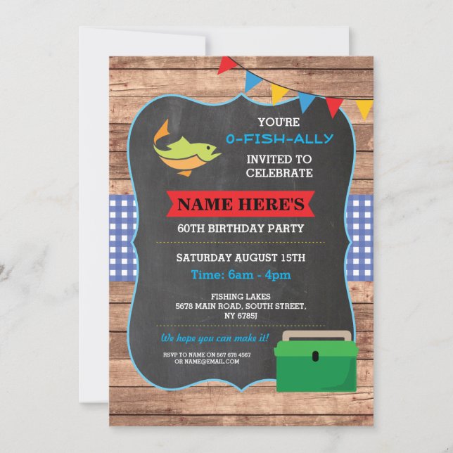 Fishing Birthday Party Rustic Wood Fish 60 Invite (Front)
