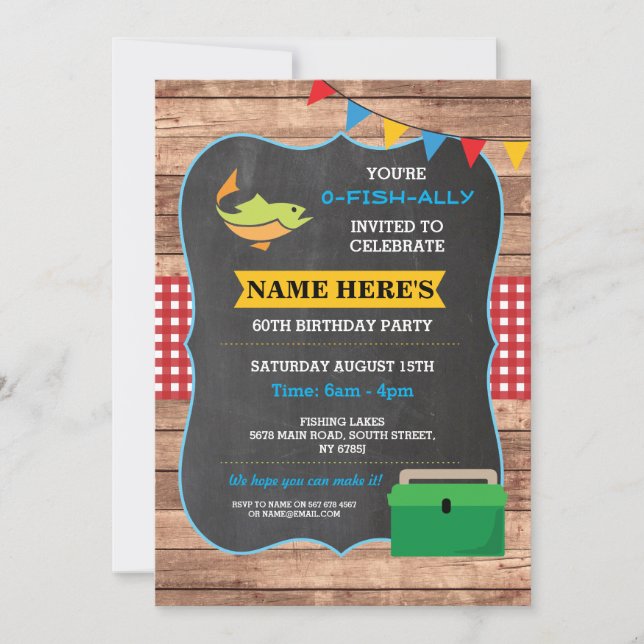 Fishing Birthday Party Rustic Wood Fish Red Invite (Front)