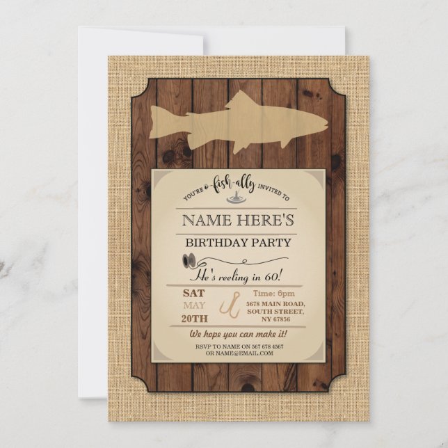 Fishing Birthday Party Rustic Wood Fish Rod Invite (Front)